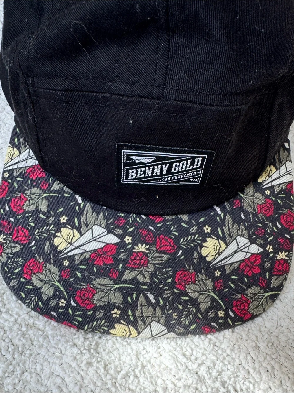 Benny Gold 5 Panel Camp Cap Black Floral Paper Airplane Brim Hat